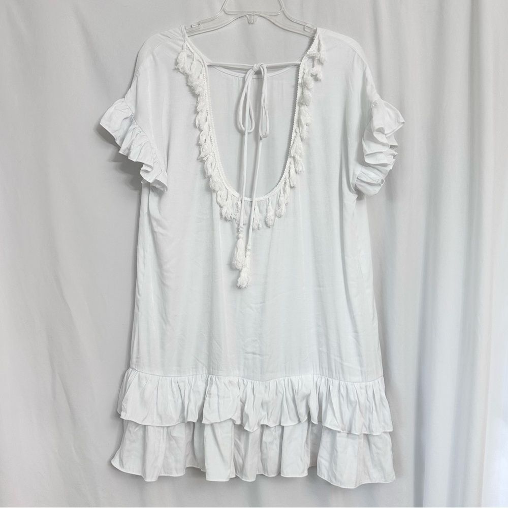 Mulla Open Back Fringe White Boho Ruffle Hem Dress Size S - Picture 7 of 11